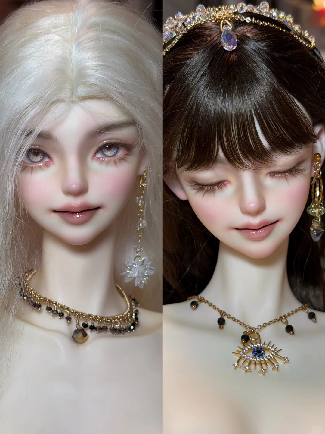 Two finished BJD faceups with white and dark wigs and detailed lashes