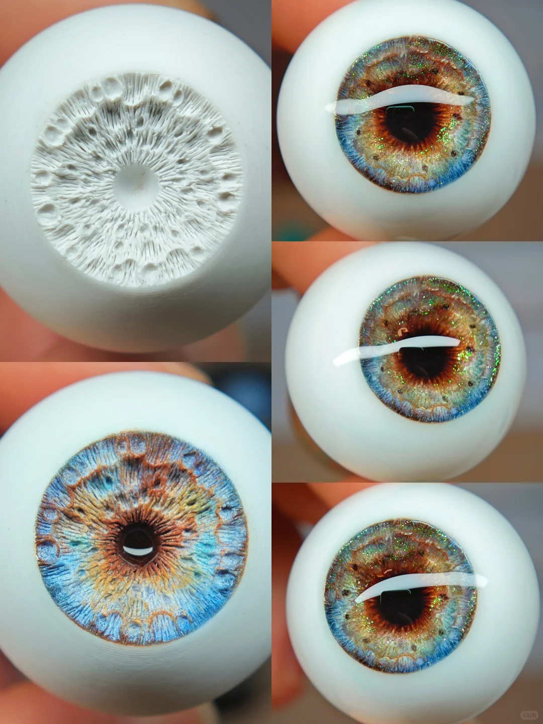Step-by-step collage of a carved BJD iris and a finished custom eye