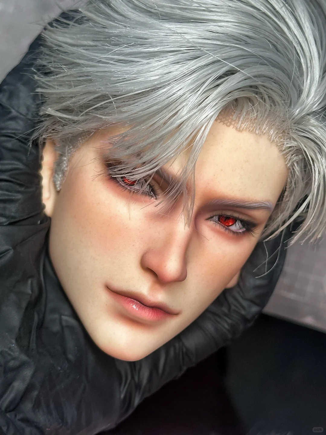 Finished fantasy BJD faceup with silver hair, red eyes, and painted details